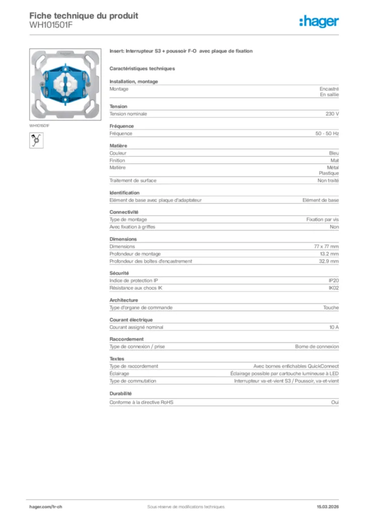 Image Hager Fiche technique du produit WH101501F | Hager Suisse