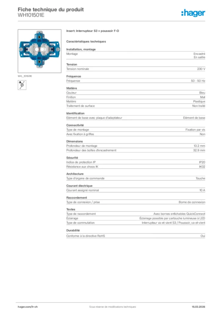Image Hager Fiche technique du produit WH101501E | Hager Suisse