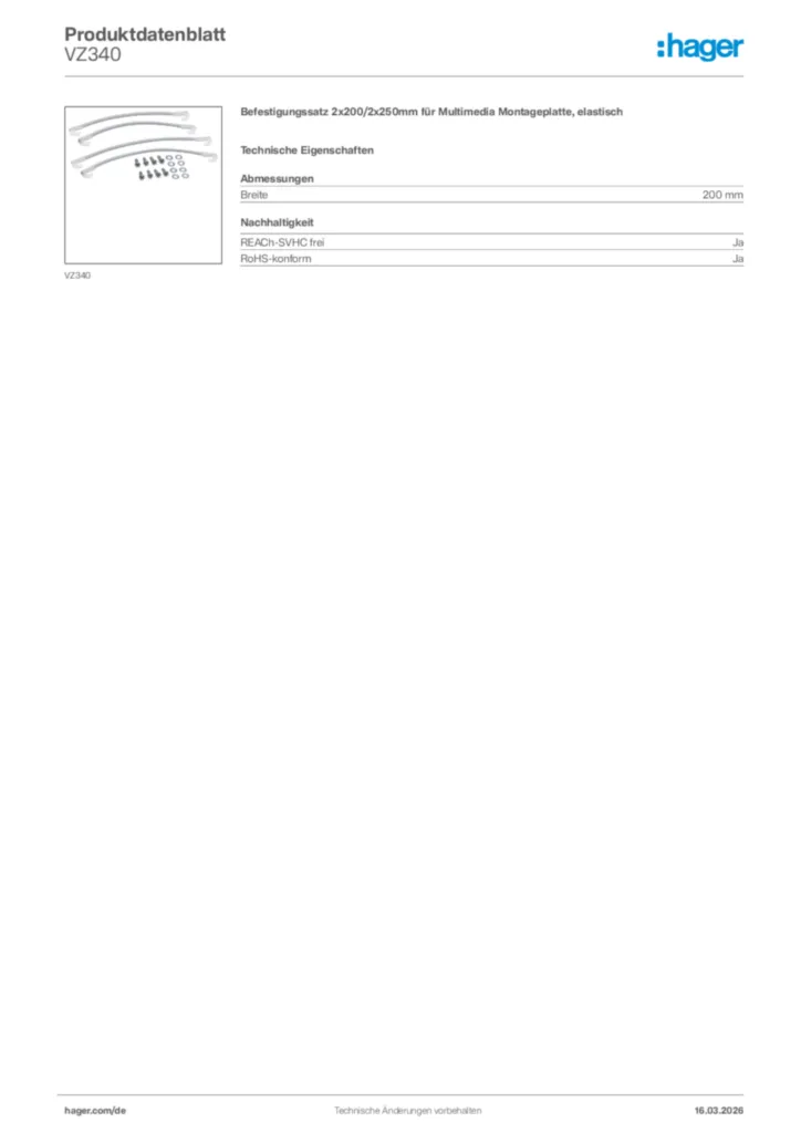 Bild Hager Produktdatenblatt VZ340 | Hager Deutschland