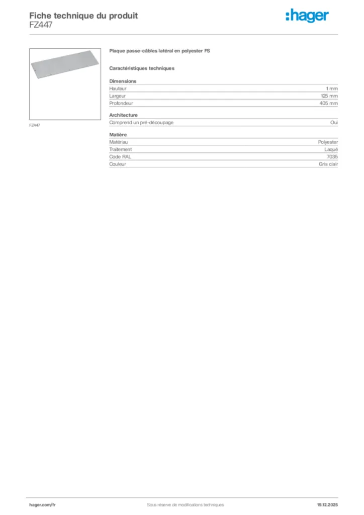 Image Hager Fiche technique du produit FZ447 | Hager France