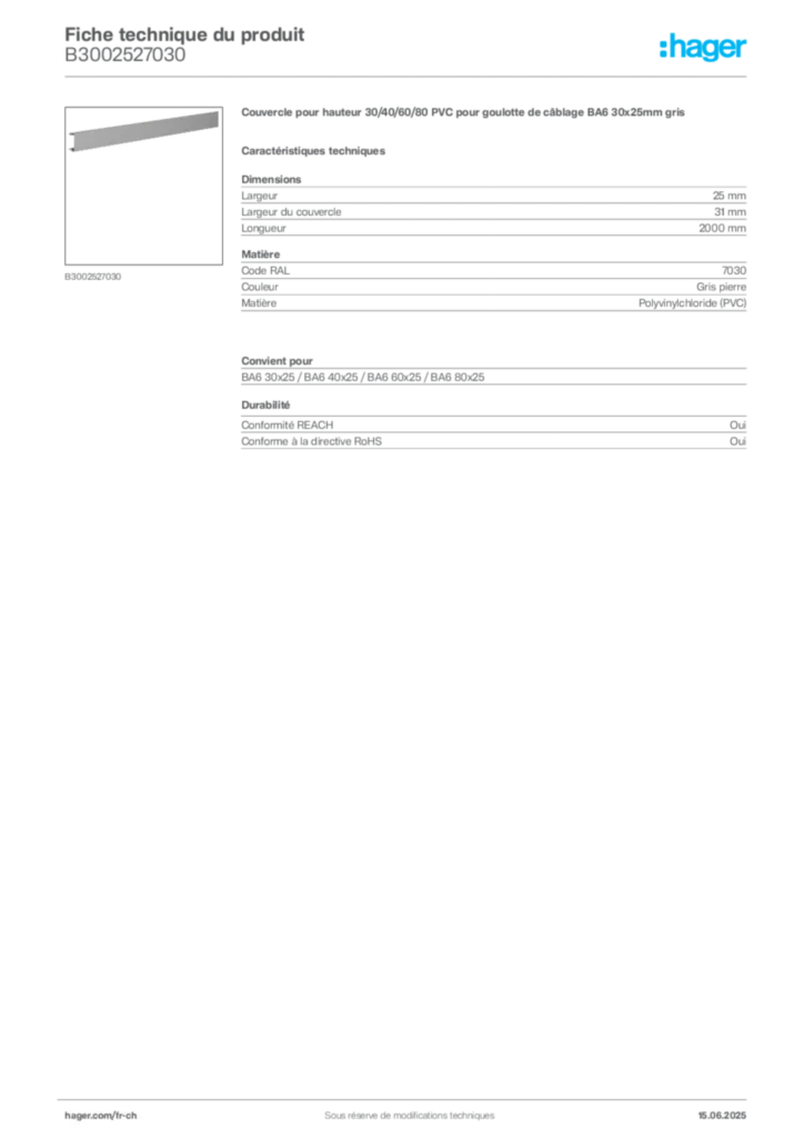 Image Hager Fiche technique du produit B3002527030 | Hager Suisse