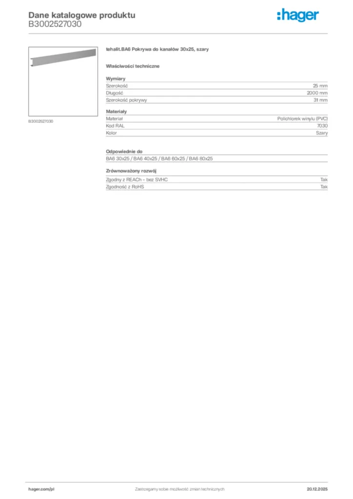 Zdjęcie Hager Karta katalogowa B3002527030 | Hager Polska