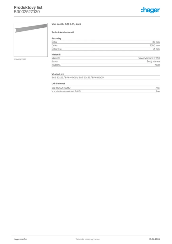 Obrázek Hager Product data sheet B3002527030 | Hager