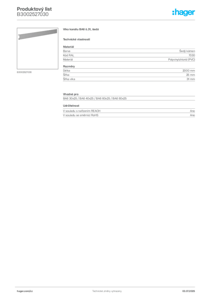Obrázek Hager Produktový list B3002527030 | Hager