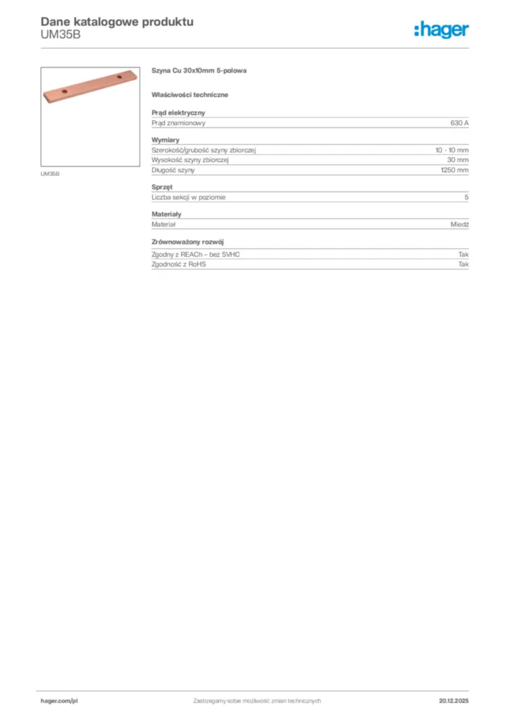 Zdjęcie Hager Karta katalogowa UM35B | Hager Polska