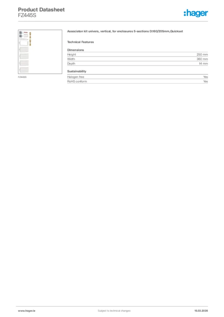 Image Hager Product data sheet FZ445S  | Hager