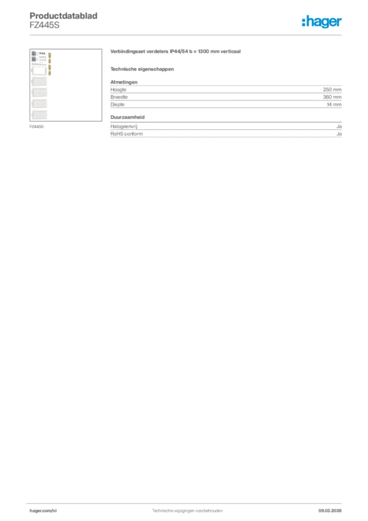 Afbeelding Hager Productdatablad FZ445S | Hager Nederland