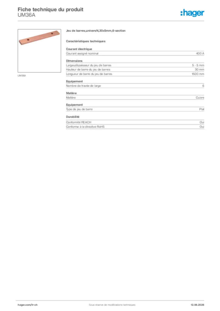 Image Hager Fiche technique du produit UM36A | Hager Suisse