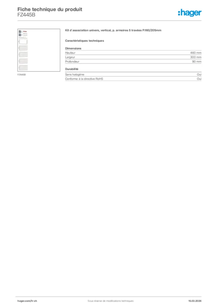 Image Hager Fiche technique du produit FZ445B | Hager Suisse