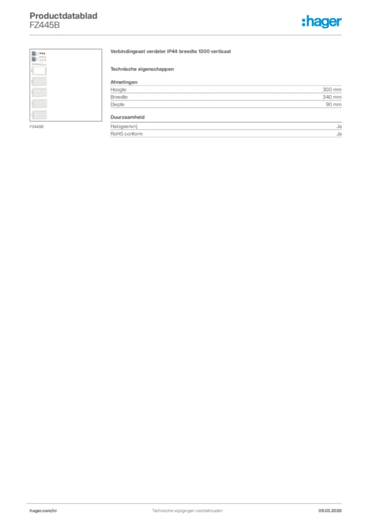 Afbeelding Hager Productdatablad FZ445B | Hager Nederland