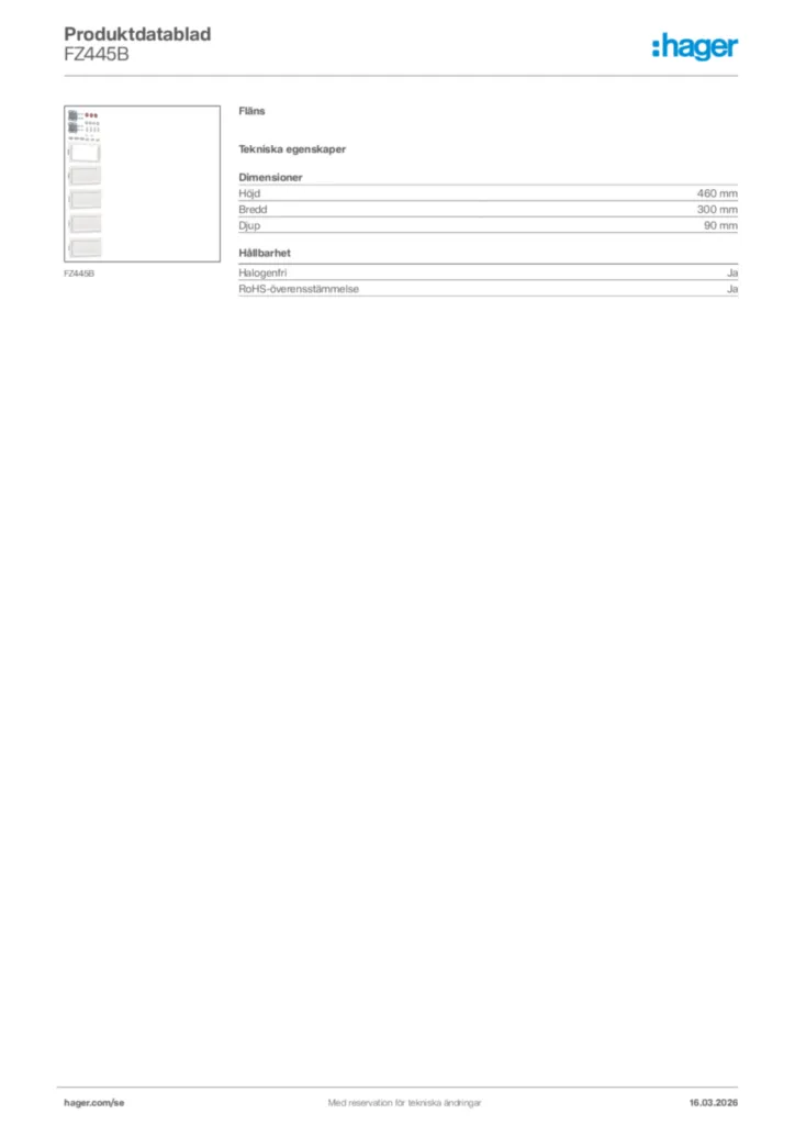 Bild Hager Produktdatablad FZ445B | Hager Sverige