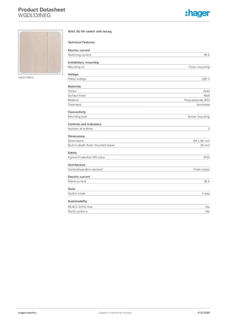 Image Hager Product data sheet WGDL131NEG  | Hager