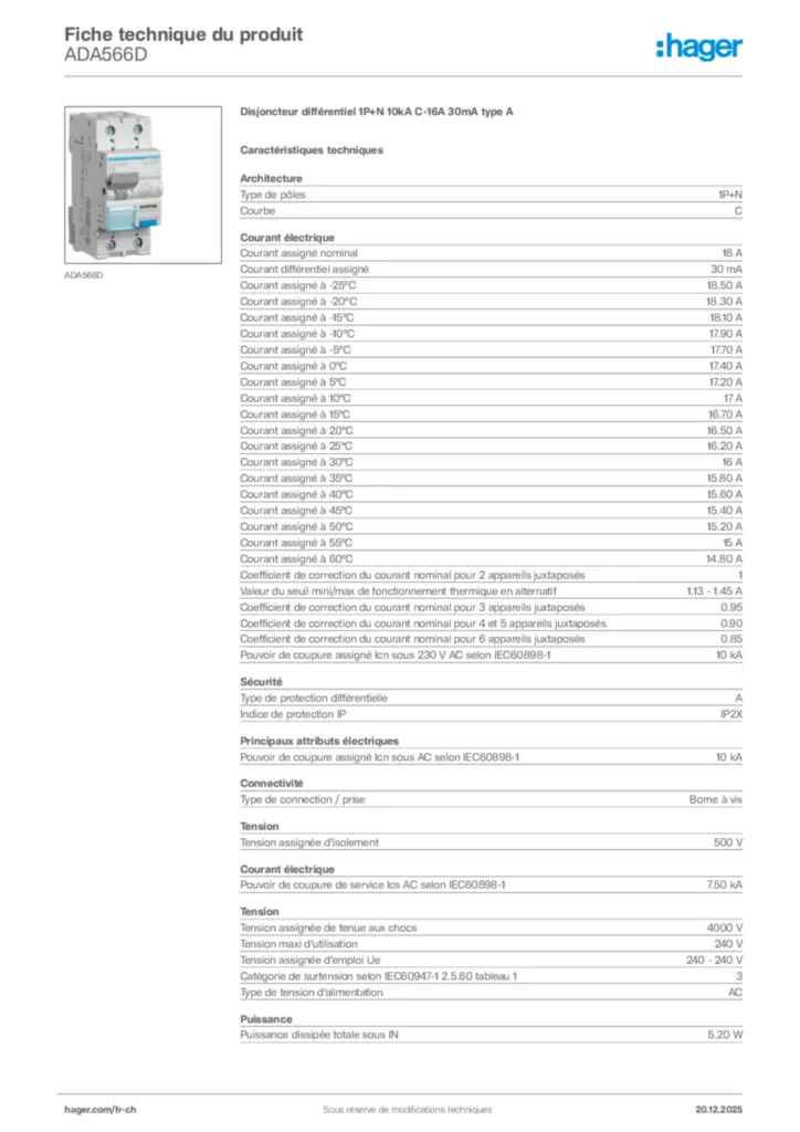 Image Hager Fiche technique du produit ADA566D | Hager Suisse