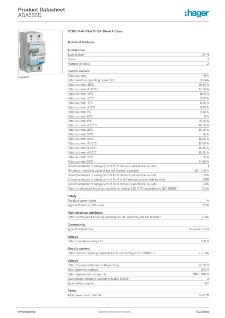 Image Hager Product data sheet ADA566D  | Hager