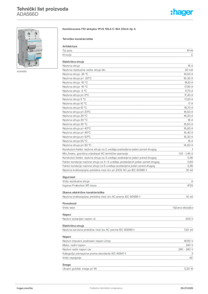 Slika Hager Product data sheet ADA566D  | Hager