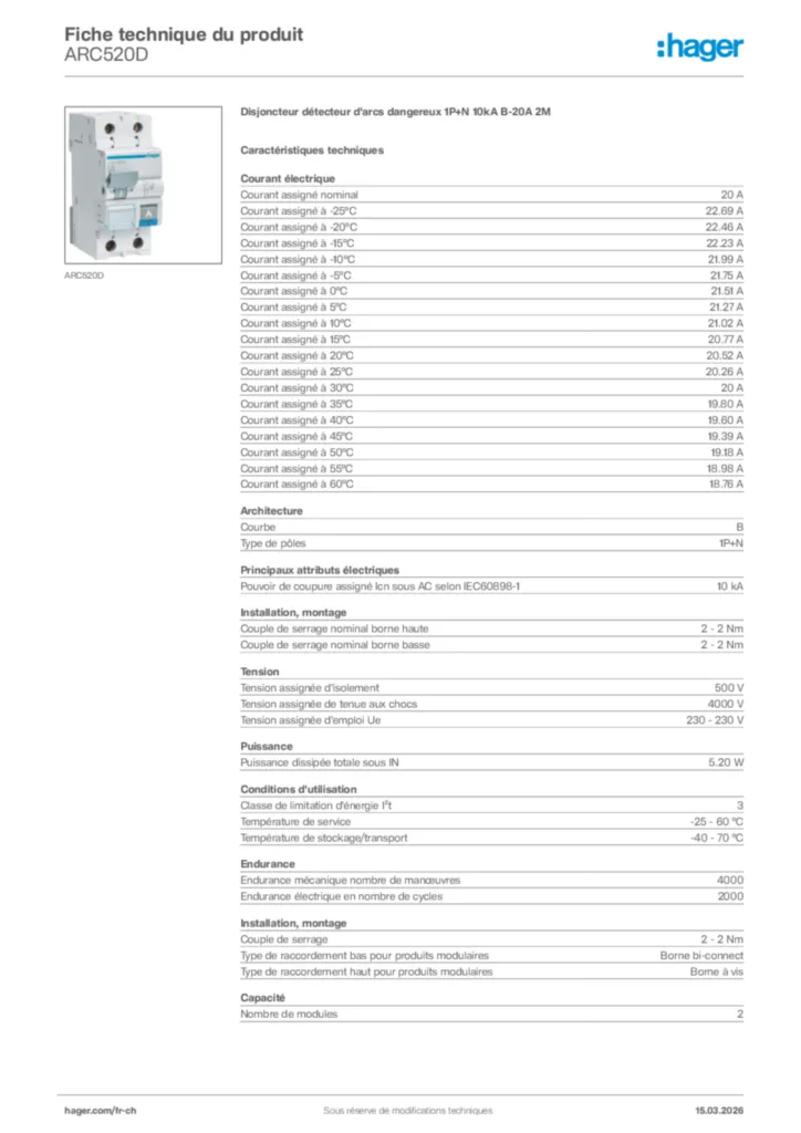 Image Hager Fiche technique du produit ARC520D | Hager Suisse