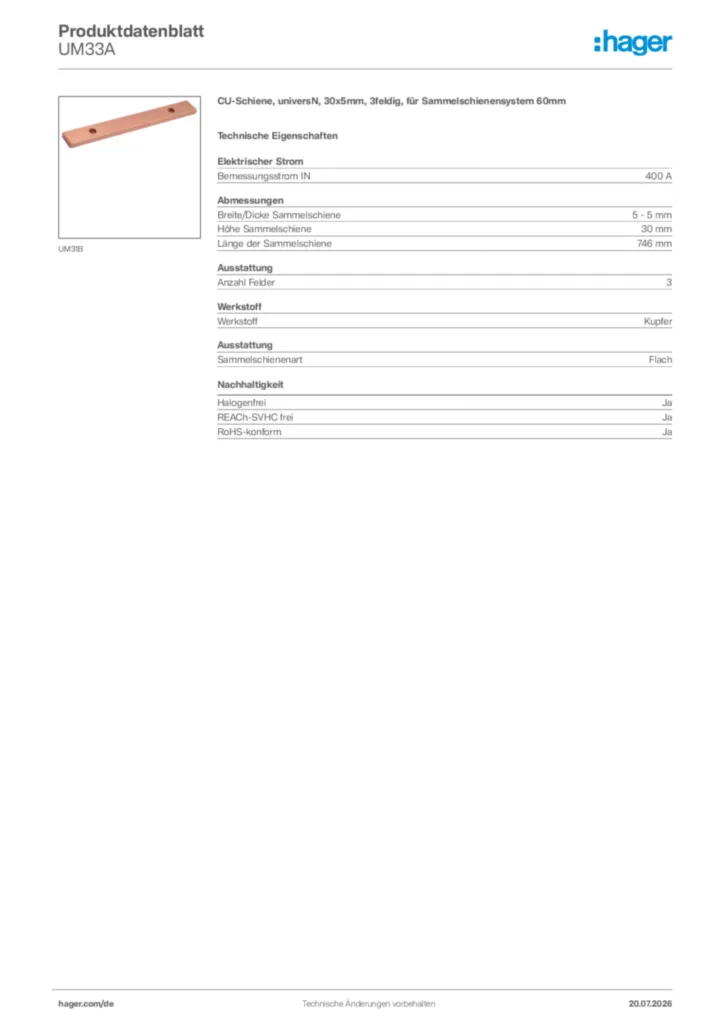 Bild Hager Produktdatenblatt UM33A | Hager Deutschland