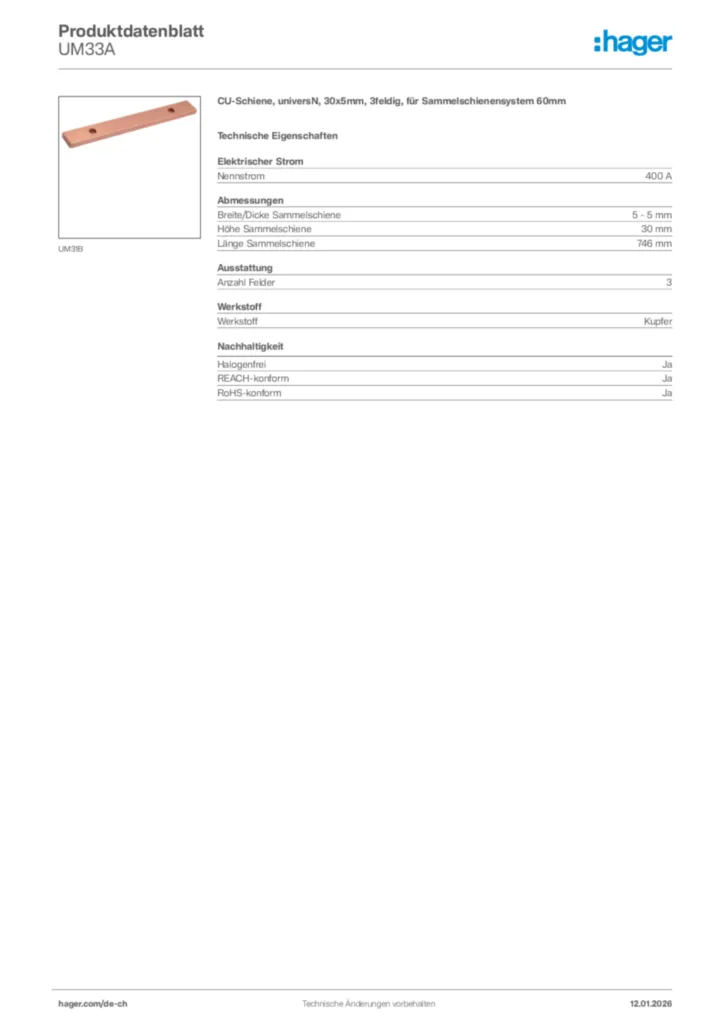 Bild Hager Produktdatenblatt UM33A | Hager Schweiz