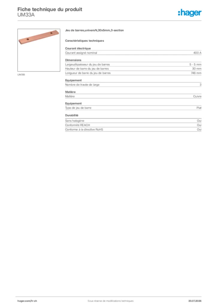 Image Hager Fiche technique du produit UM33A | Hager Suisse