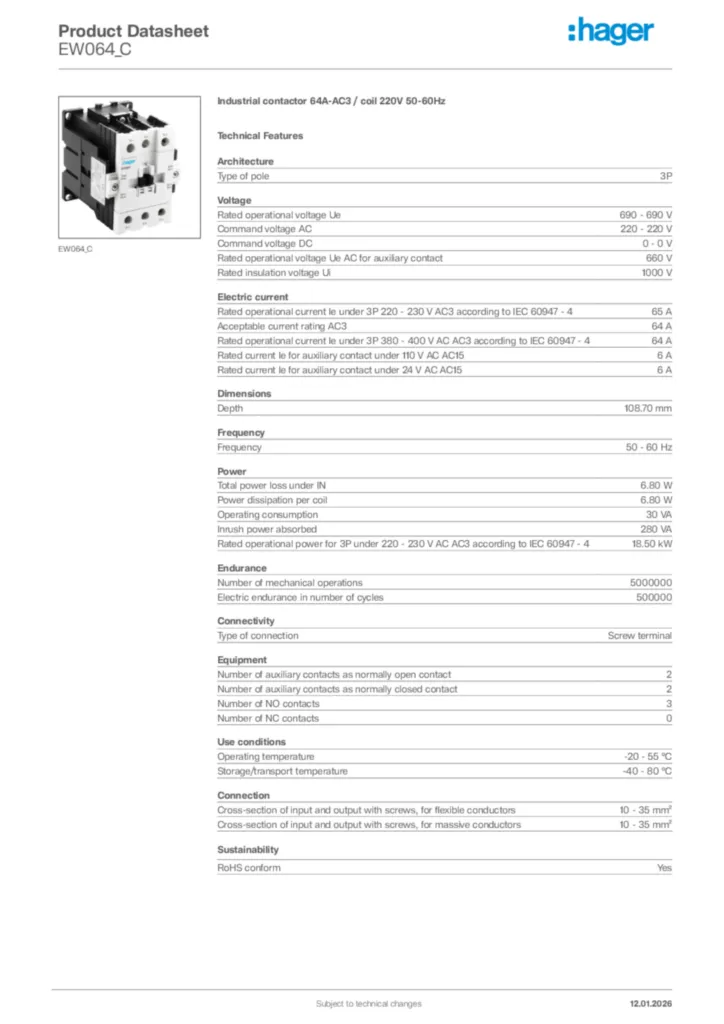 Image Hager Product data sheet EW064_C  | Hager