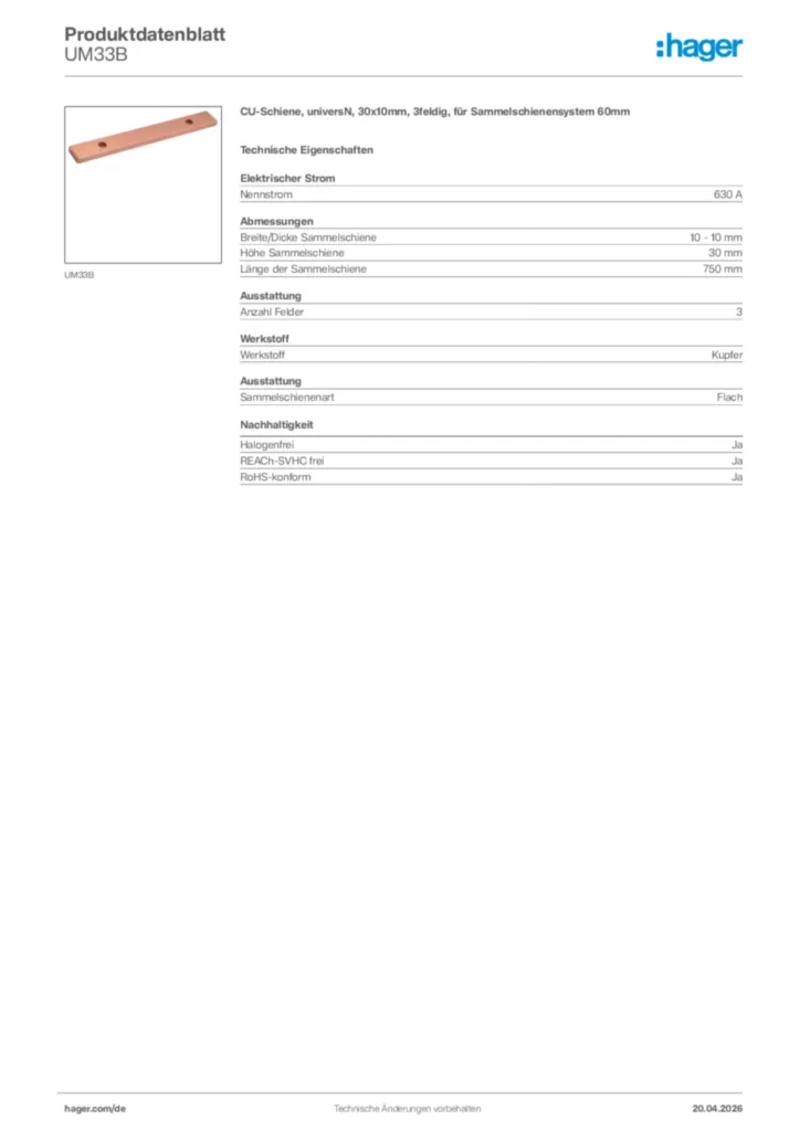 Bild Hager Produktdatenblatt UM33B | Hager Deutschland