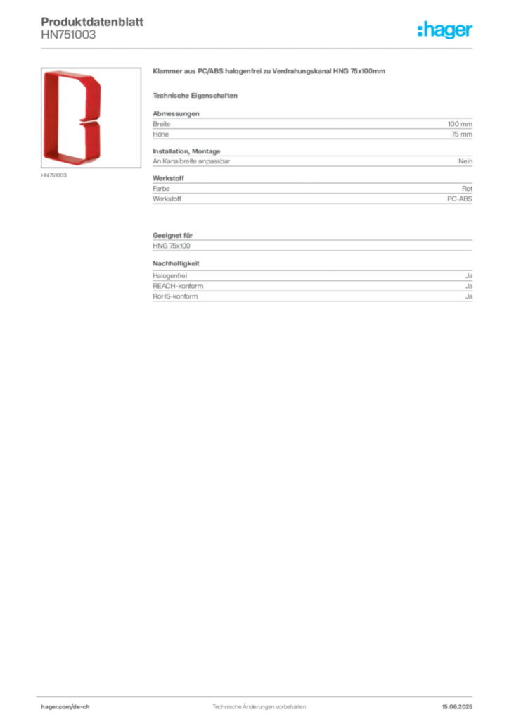 Bild Hager Produktdatenblatt HN751003 | Hager Schweiz