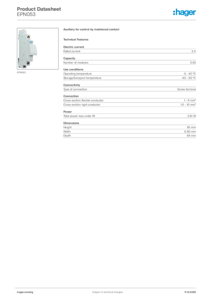 Image Hager Product data sheet EPN053  | Hager