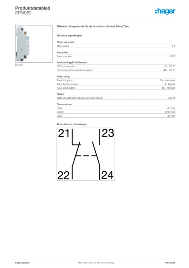 Bild Hager Produktdatablad EPN052 | Hager Sverige
