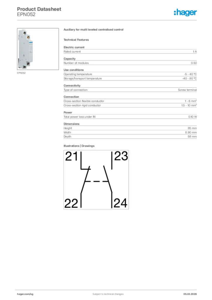 Image Hager Product data sheet EPN052  | Hager