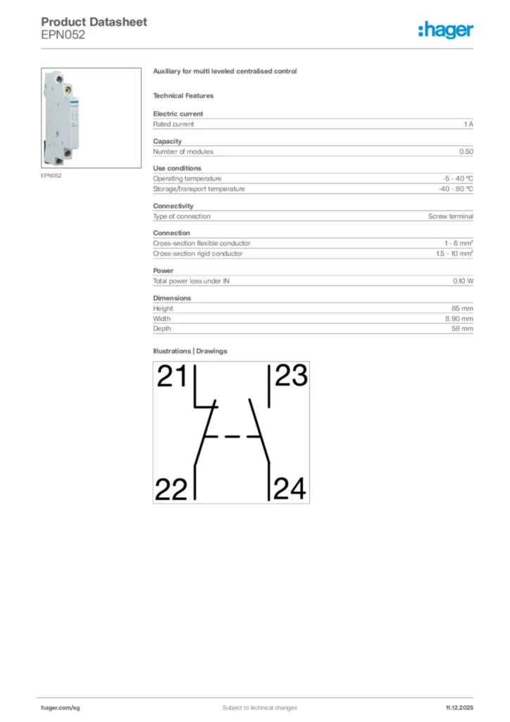 Image Hager Product data sheet EPN052  | Hager