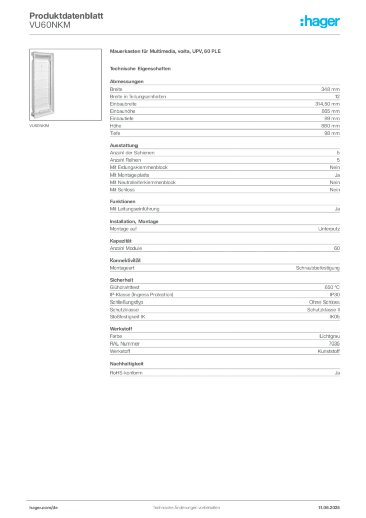 Bild Hager Produktdatenblatt VU60NKM | Hager Deutschland
