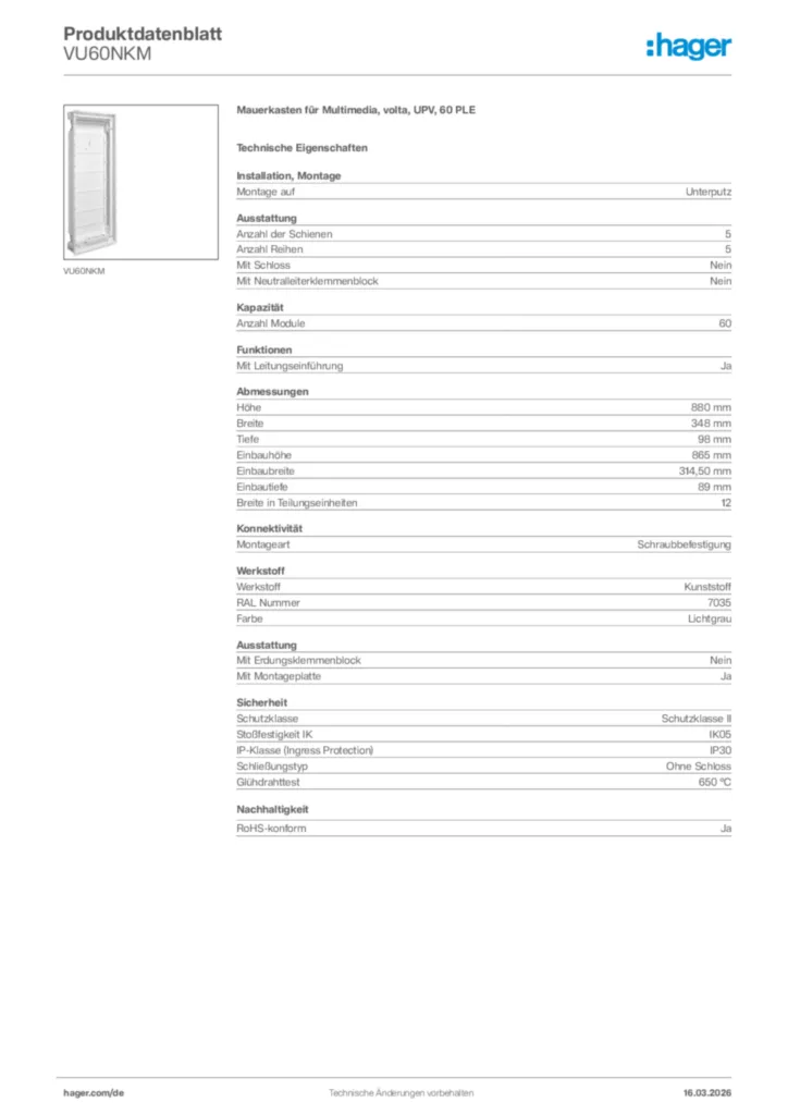 Bild Hager Produktdatenblatt VU60NKM | Hager Deutschland