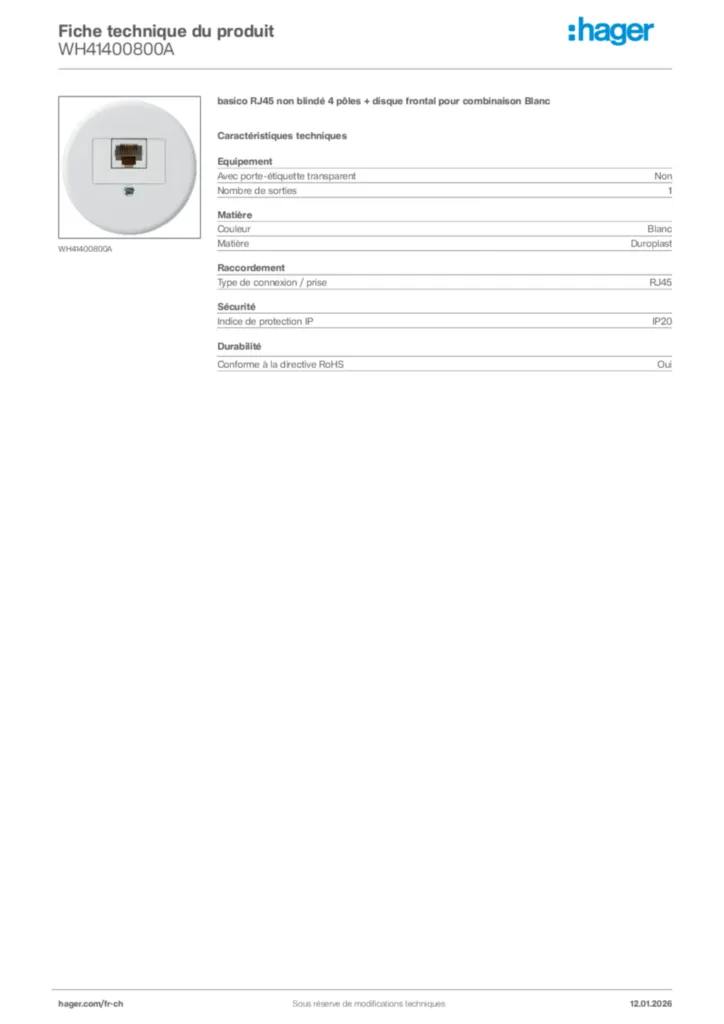 Image Hager Fiche technique du produit WH41400800A | Hager Suisse