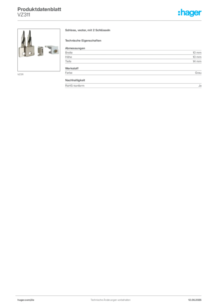 Hager Produktdatenblatt VZ311