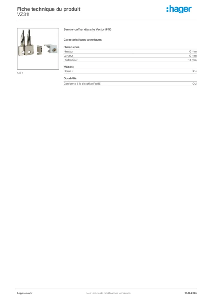 Image Hager Fiche technique du produit VZ311 | Hager France