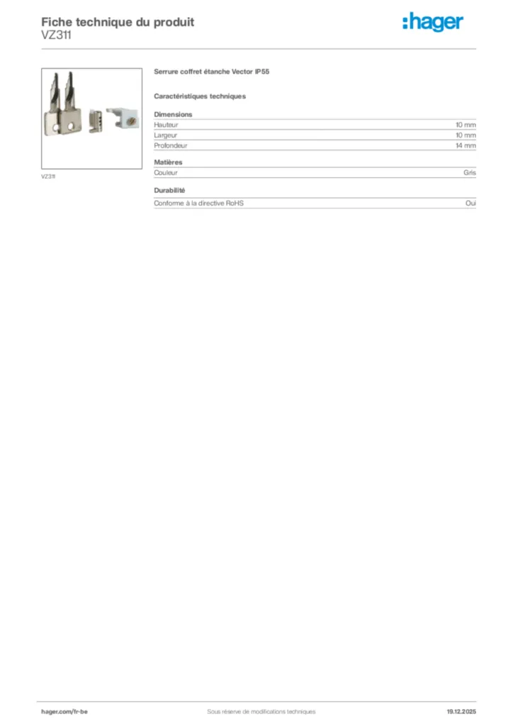 Image Hager Fiche technique du produit VZ311 | Hager Belgique