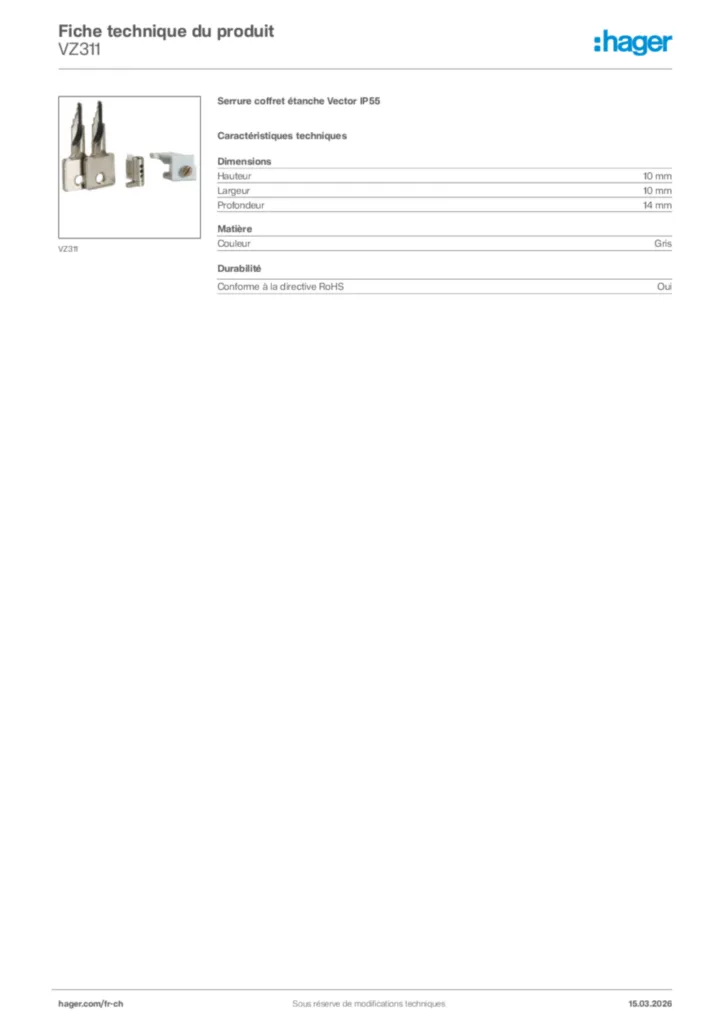 Image Hager Fiche technique du produit VZ311 | Hager Suisse