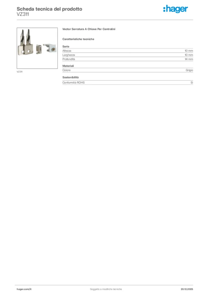 Immagine Hager Scheda tecnica del prodotto VZ311 | Hager Italia