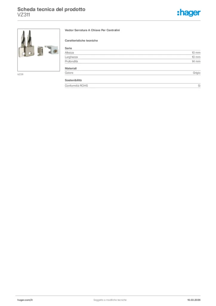 Immagine Hager Scheda tecnica del prodotto VZ311 | Hager Italia