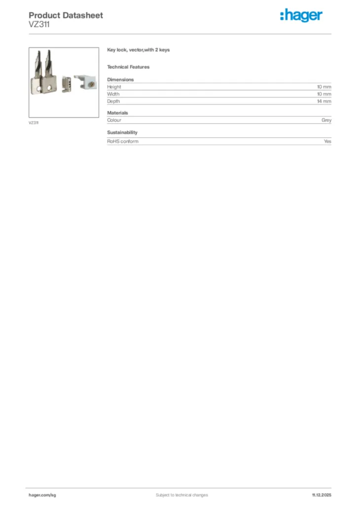 Image Hager Product data sheet VZ311  | Hager
