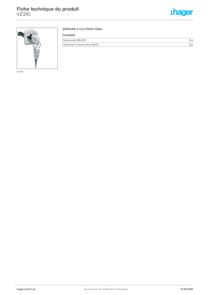 Image Hager Fiche technique du produit VZ310 | Hager Suisse