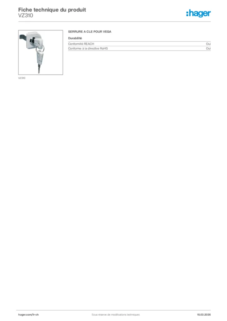 Image Hager Fiche technique du produit VZ310 | Hager Suisse
