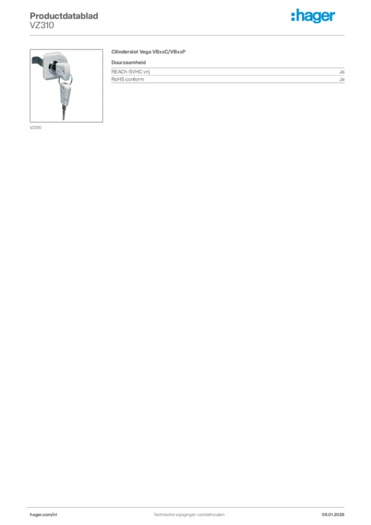 Afbeelding Hager Productdatablad VZ310 | Hager Nederland