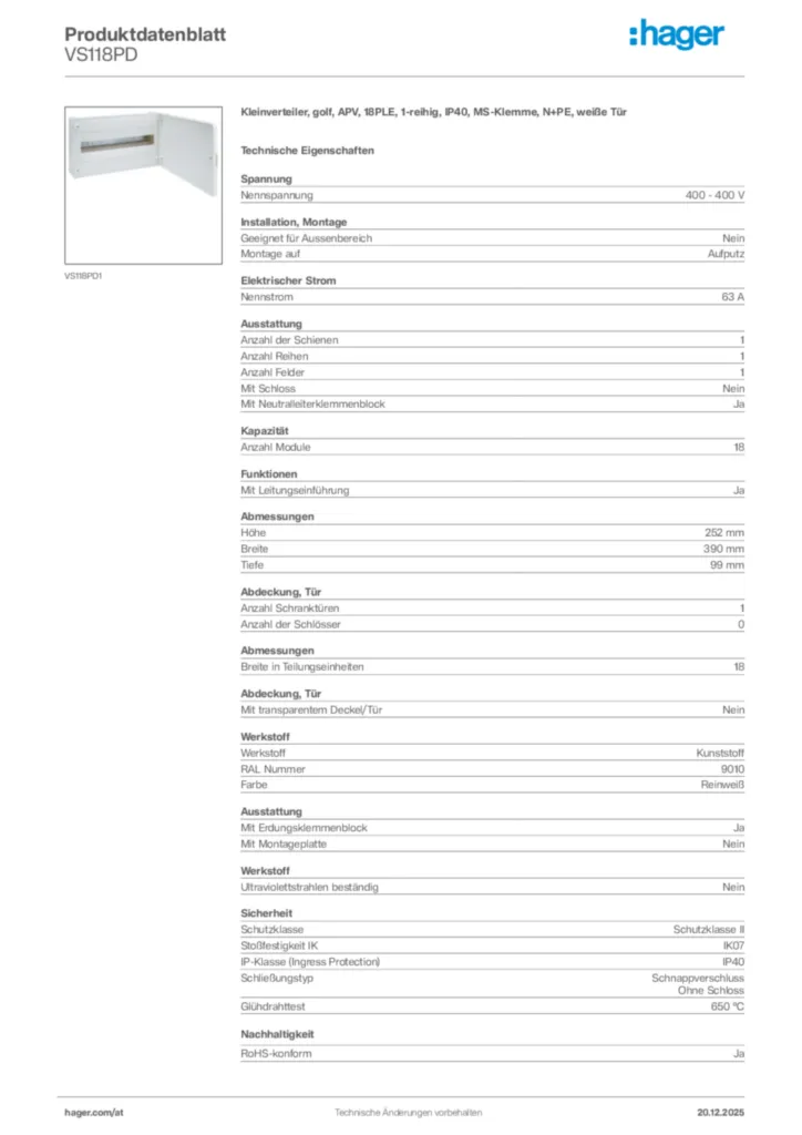 Bild Hager Produktdatenblatt VS118PD | Hager Deutschland