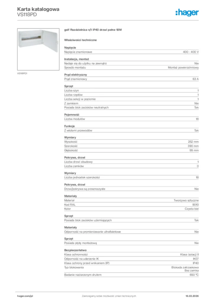 Zdjęcie Hager Karta katalogowa VS118PD | Hager Polska