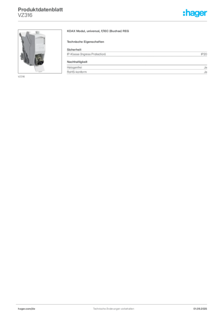 Bild Hager Produktdatenblatt VZ316 | Hager Deutschland