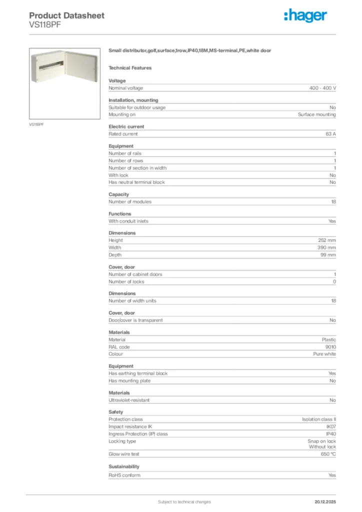 Image Hager Product data sheet VS118PF  | Hager Africa