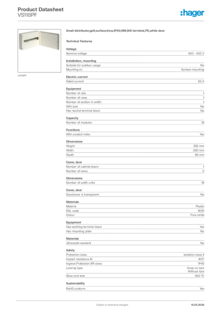 Image Hager Product data sheet VS118PF  | Hager Africa