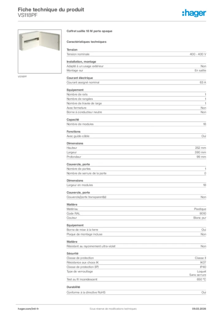 Image Hager Fiche technique du produit VS118PF | Hager Afrique