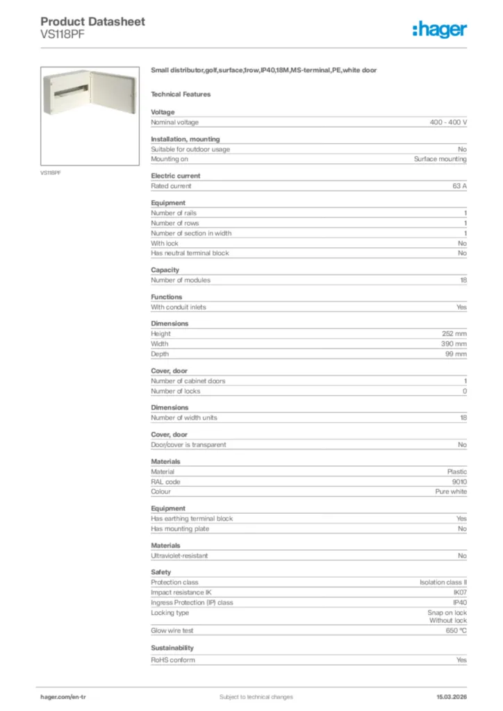 Image Hager Product data sheet VS118PF  | Hager